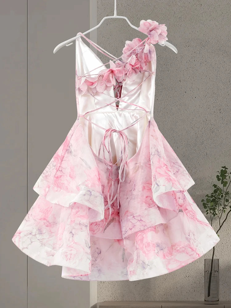 Women's 3D Floral Mini Dress - Imperial Waist A-Line w/ Puff Shoulders & V-Neck | Spring 2025 Beach-to-Evening