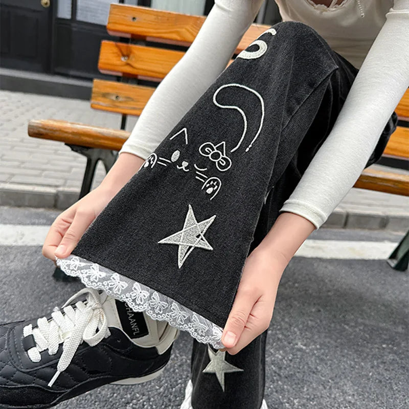 Girls' Black Flared Jeans | Vintage Wash Bootcut Denim | Stretch Cotton Kids Pants