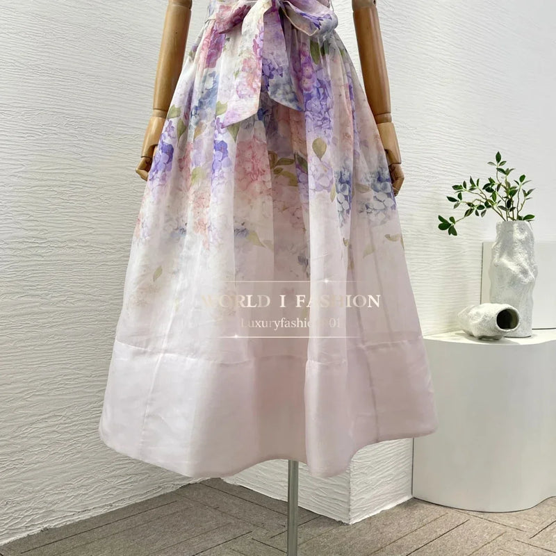 Women's Linen-Silk Floral Midi Dress | Vintage Square Neck & Empire Waist
