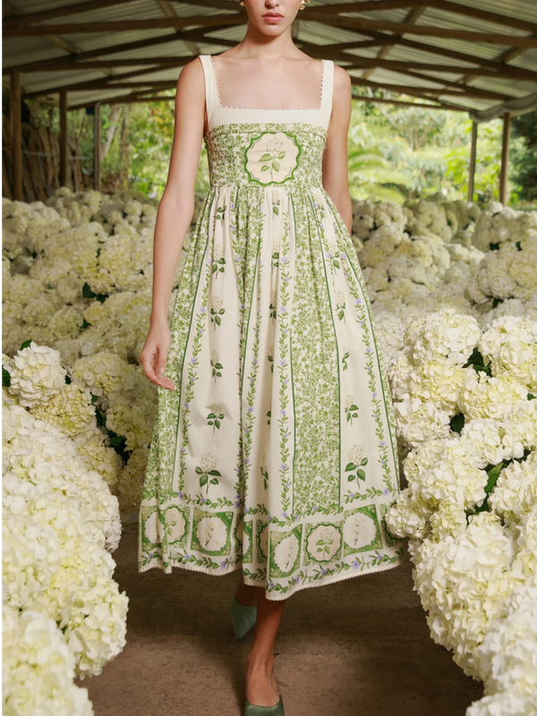 Women's Floral Maxi Dress | Pearl-Embellished Square Neck & High Waist Design
