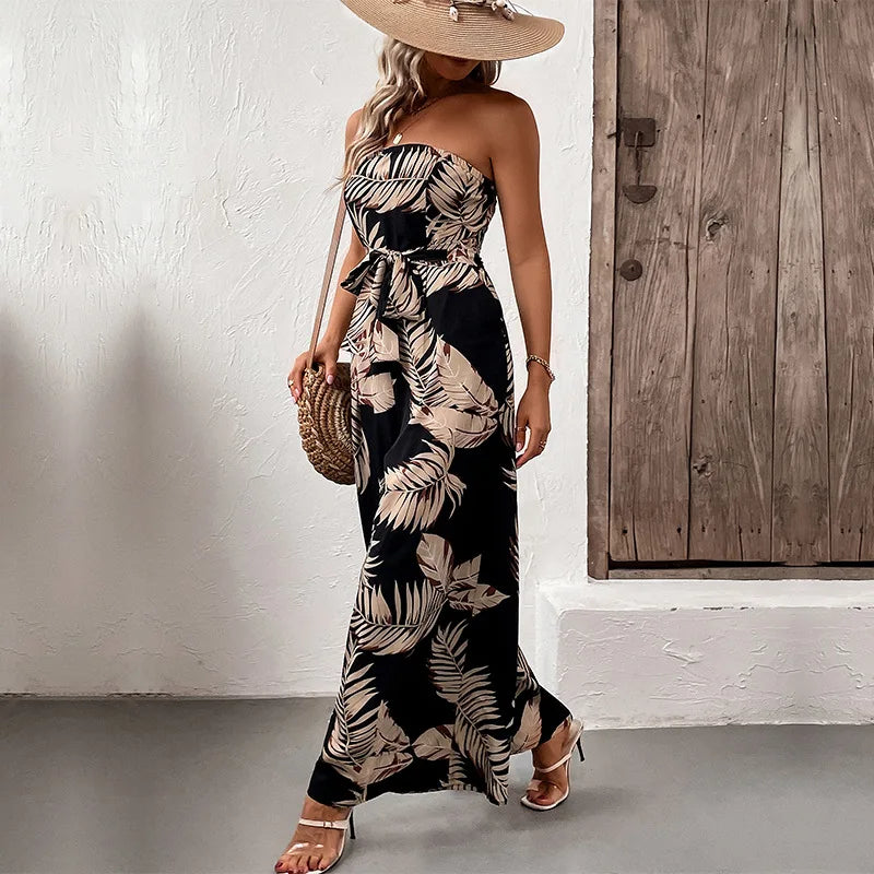 Bohemian Floral Maxi Romper: Adjustable Strap Jumpsuit with Sequined Detailing