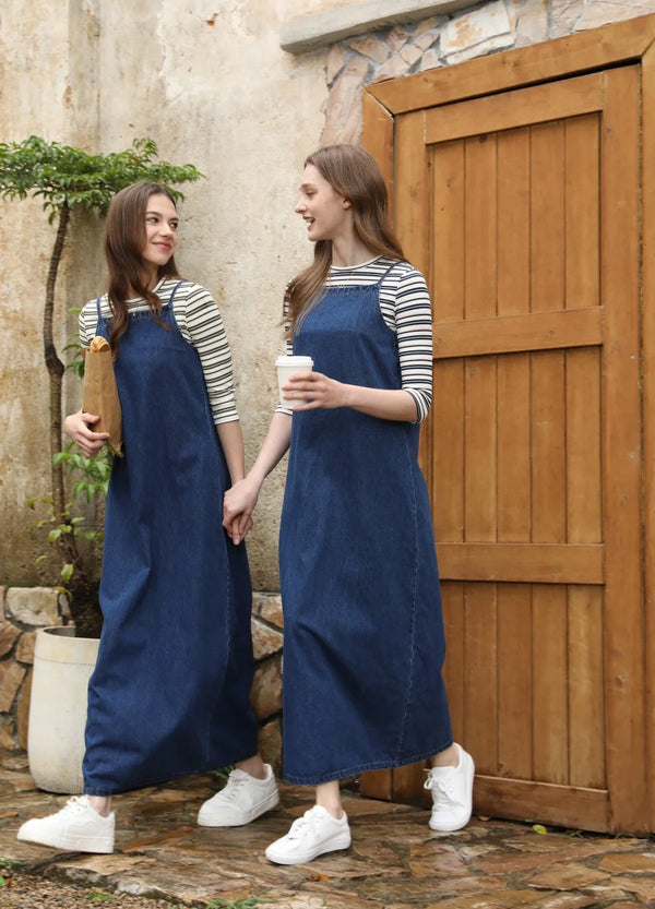 Adjustable Strap Denim Jumper Dress - Women's Vintage Overalls Style Ankle-Length Dress with Slash Neck