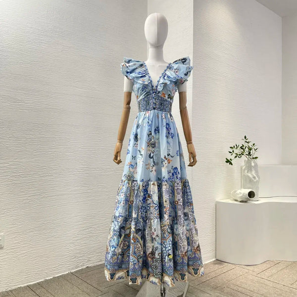 Vintage Blue Floral Maxi Dress | 100% Cotton Butterfly Sleeve Dress with Deep V-Neck & Empire Waist - Spring Summer Elegance