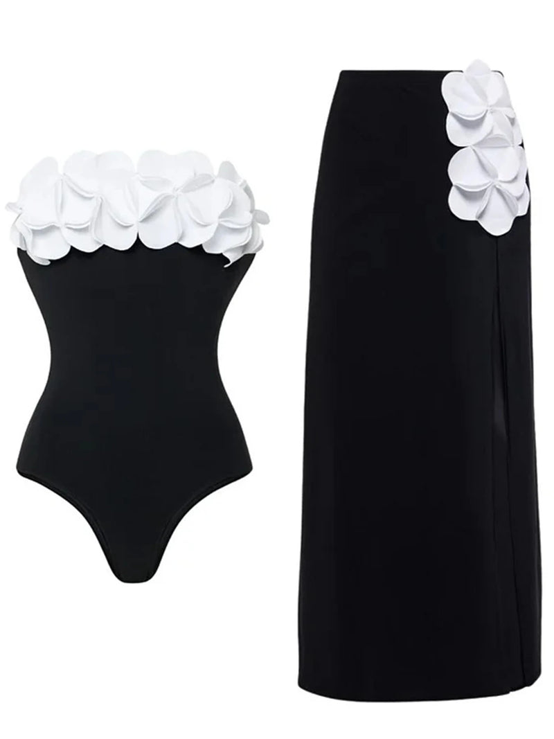 Women’s Floral One-Piece Swimsuit with Beach Skirt – Bandeau Bathing Suit Swimwear Beachwear 2025