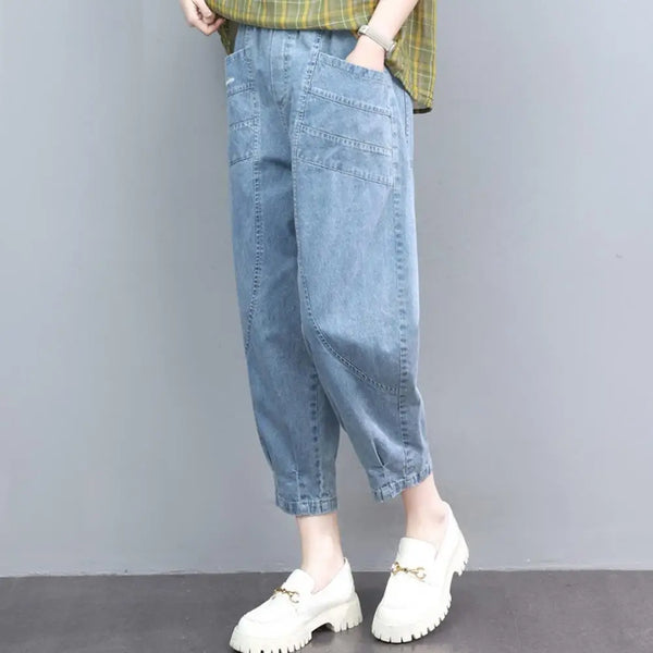 Women's Summer Wide-Leg Cropped Pants | Mid-Rise Elastic Waist | Embroidery Detail | Athletic Harem Style (Polyester Blend)