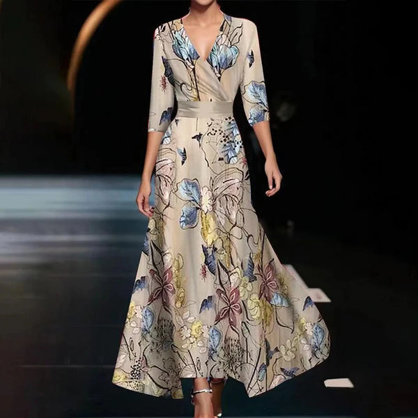 Bohemian Floral Print Maxi Dress | V-Neck 3/4 Sleeve Hollow Hem Dress - Spring Summer Party Wear