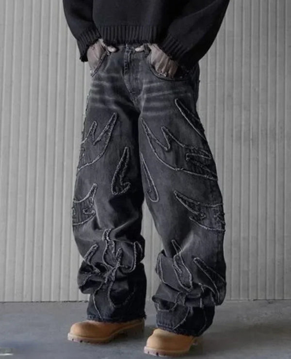 Gothic Flame Embroidered Wide-Leg Jeans | Women's High-Waisted Retro Pants | Hip-Hop Streetwear