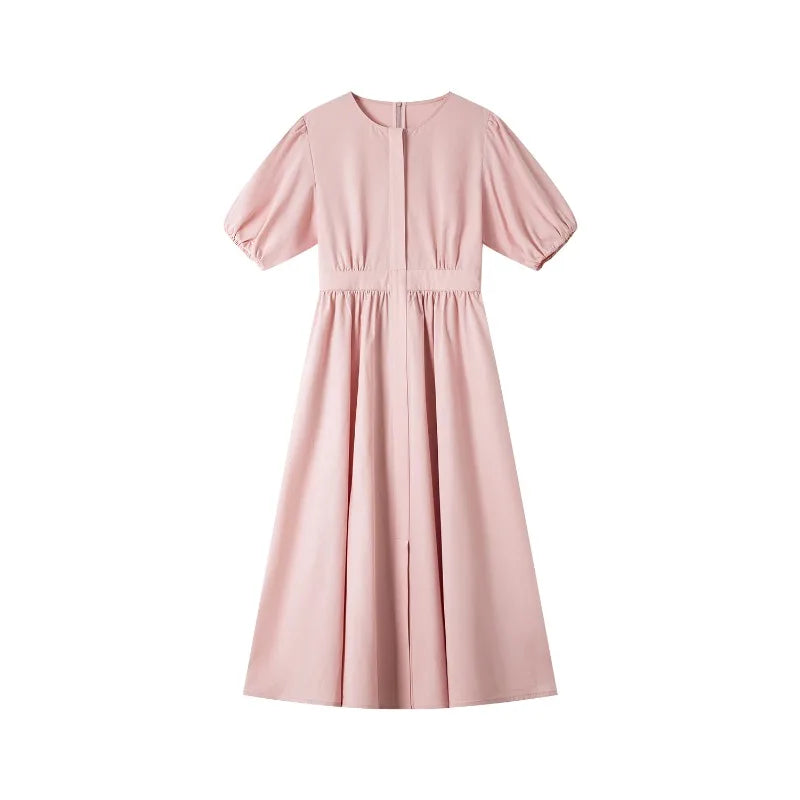 Women's Pleated Puff Sleeve Midi Dress | Office & Summer Casual Dress in Pink