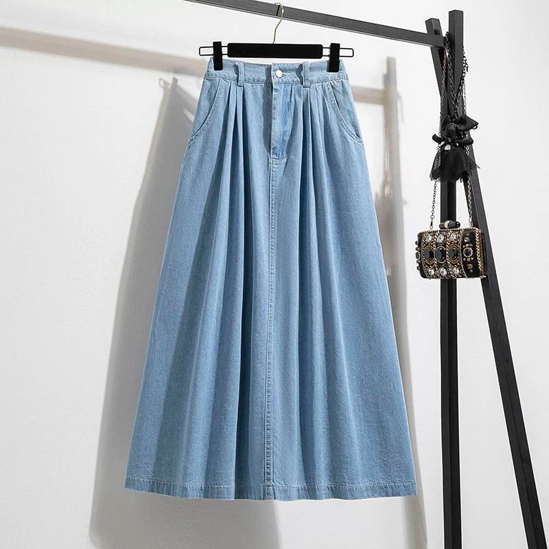 Plus Size Korean Denim Skirt | 2025 Empire Waist A-Line | Adjustable Length Pleated Maxi Skirt
