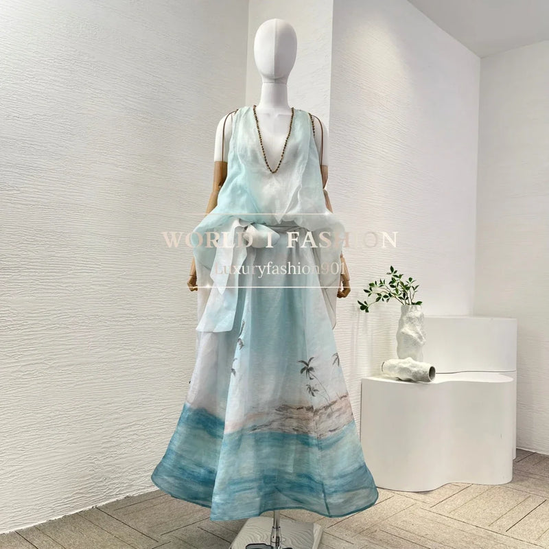 Women's Light Blue Linen-Silk Maxi Dress | Fairycore Beach Dress with Beading & Bow Details