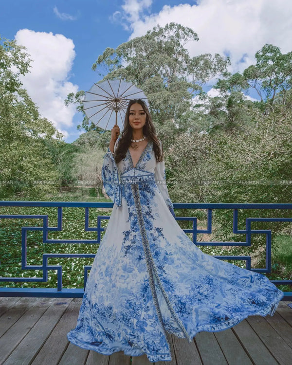 Artisan Blue-White Porcelain Maxi Dress: Crystal-Beaded Silk Gown with Dramatic Flare Sleeves