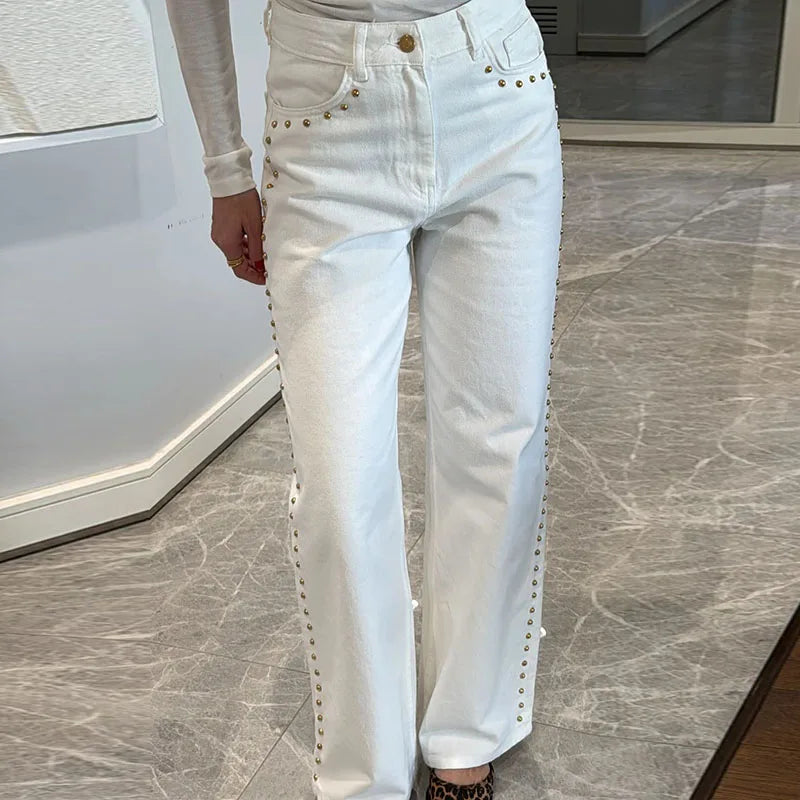 Women's Wide-Leg Jeans | High-Waisted Metal Rivet Denim | Distressed Vintage Trousers with Embroidered Flares