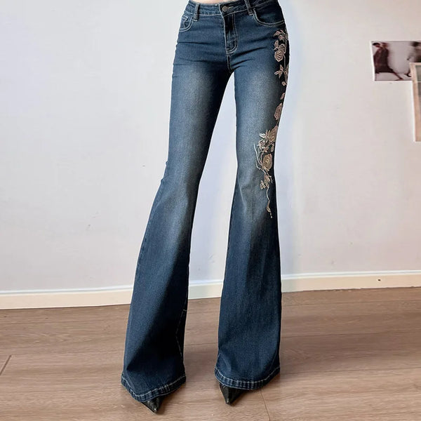 Low-Rise Rose Embroidered Flare Jeans | Retro Distressed Denim | Women's Cotton Blend Slimming Trousers