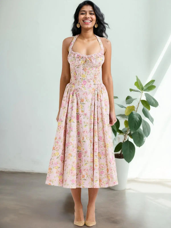 Backless Halter Midi Dress | Floral Lace Trim Dress with Low Waist - Women's Sexy Summer Party Dress