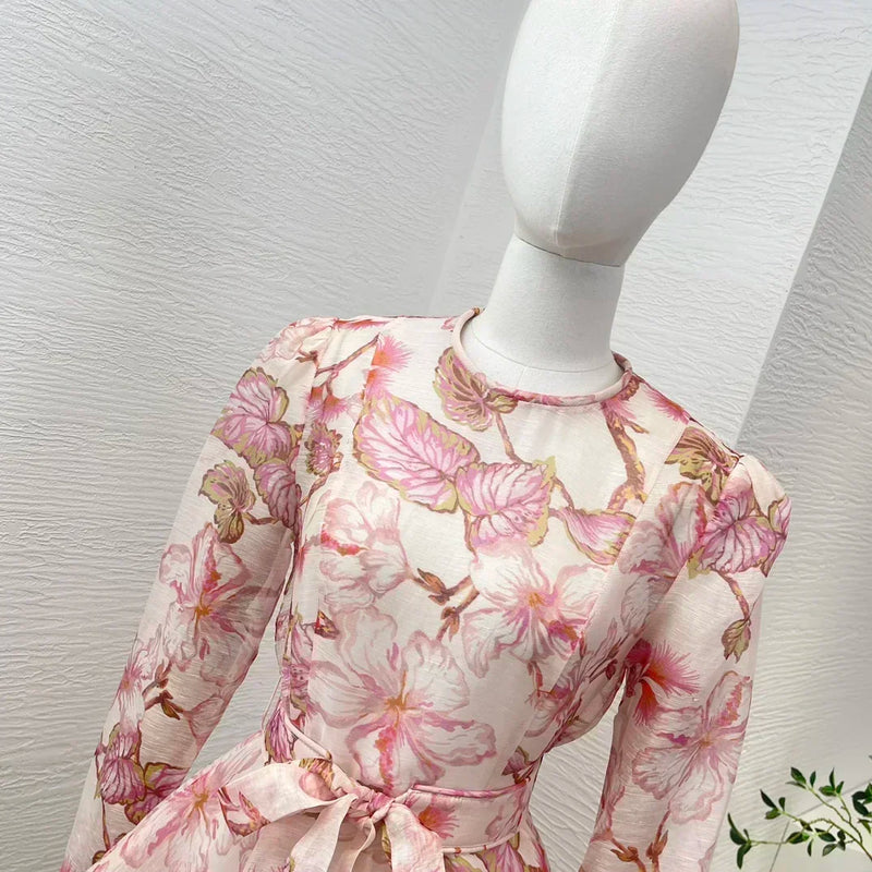 Women's Vintage Floral Mini Dress | Linen-Silk Blend with Belt & Pockets