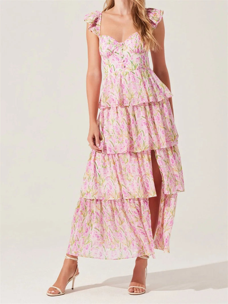 Off-Shoulder Floral Midi Dress | Ruffled Layer Summer Dress - Women's Cap Sleeve Party Dress for Garden Weddings