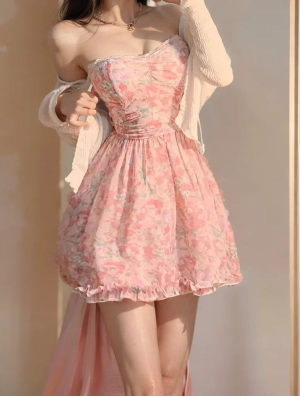 Women's Pink Floral Wrap Mini Dress - Stretchy Bodycon Sundress with Sweetheart Neckline | Summer 2025