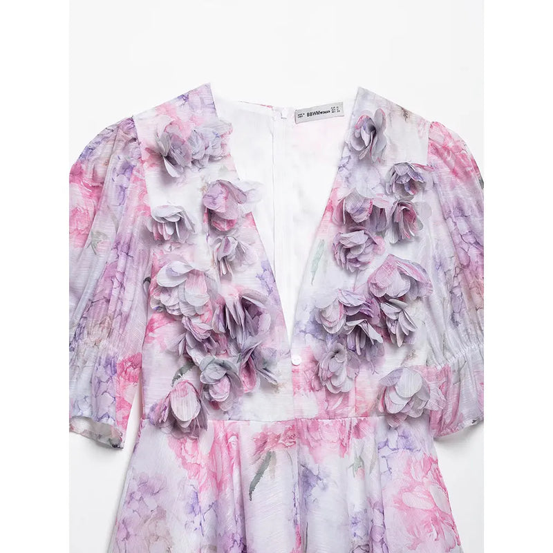 DUOPERI Women's 2025 Floral Pleated Mini Dress - V-Neck Chiffon Dress with Butterfly Sleeves | Spring-Summer Collection