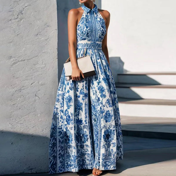 Vintage Floral Polo Collar Maxi Dress | Boho Sleeveless Loose Fit Dress with Hollow-Out Detail - Spring Summer 2025