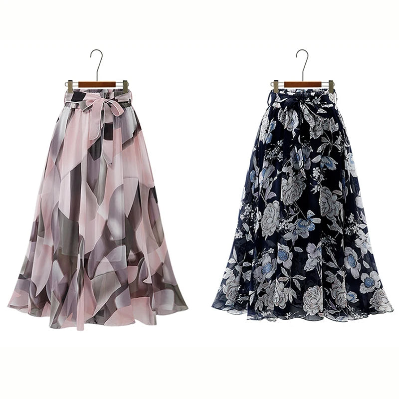 Plus Size Floral Midi Skirt | Adjustable Length Chiffon Skirt | Boho A-Line Beach Skirt with Belt
