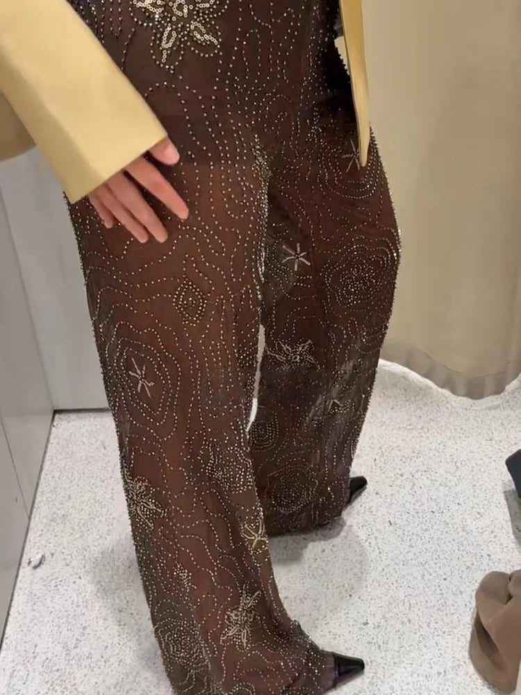 Women's Beaded Sequin Snowflake Pants | Sheer High-Waist Straight Leg Trousers for Summer Vacation Streetwear
