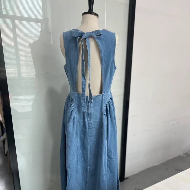 Backless Lace-Up Denim Maxi Dress | Sleeveless A-Line Summer Dress with Adjustable Corset Detail - High Street Fashion