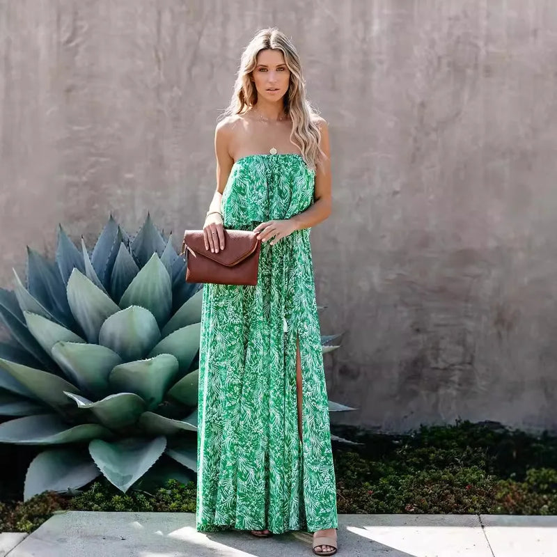 Boho Print Maxi Dress: Off-Shoulder Chiffon A-Line Dress with Ruffle Split & Chest Wrap
