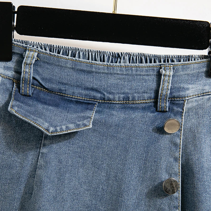 Plus Size Empire Waist Denim Skirt | Adjustable Length Skirt | Korean A-Line Lined Skirt