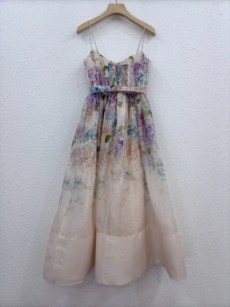 Bohemian Floral Print Midi Dress - Women's Spaghetti Strap Summer Dress with Lace-Up Back (Hemp Blend)