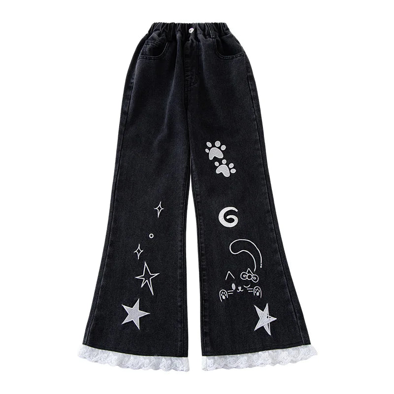 Girls' Black Flared Jeans | Vintage Wash Bootcut Denim | Stretch Cotton Kids Pants