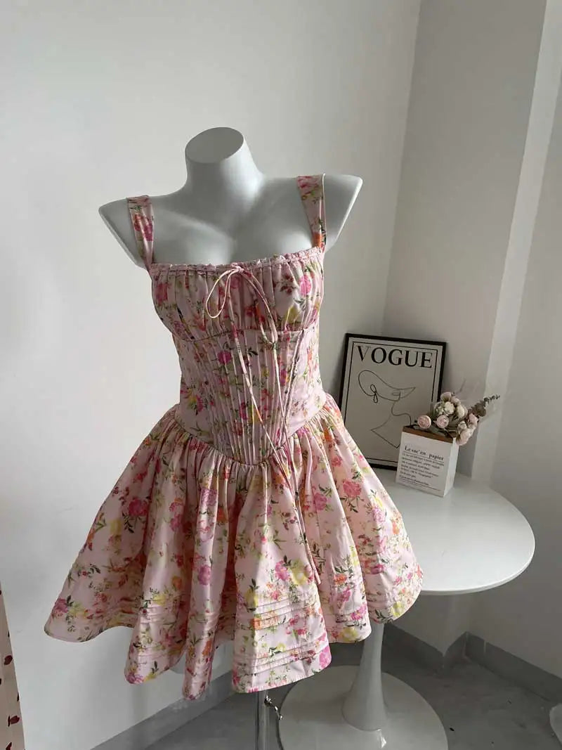 BOHO INSPIRED Women's Adjustable Floral Mini Dress - Pintuck Detail & Lace Trim | Summer Boho Party Dress