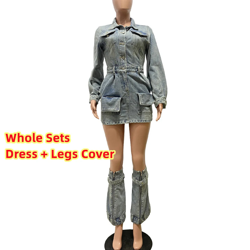 FAGADOER Women's Denim Mini Dress - Long Sleeve Cowboy Style w/ Detachable Leg Garter & Pockets | Blue Western Streetwear