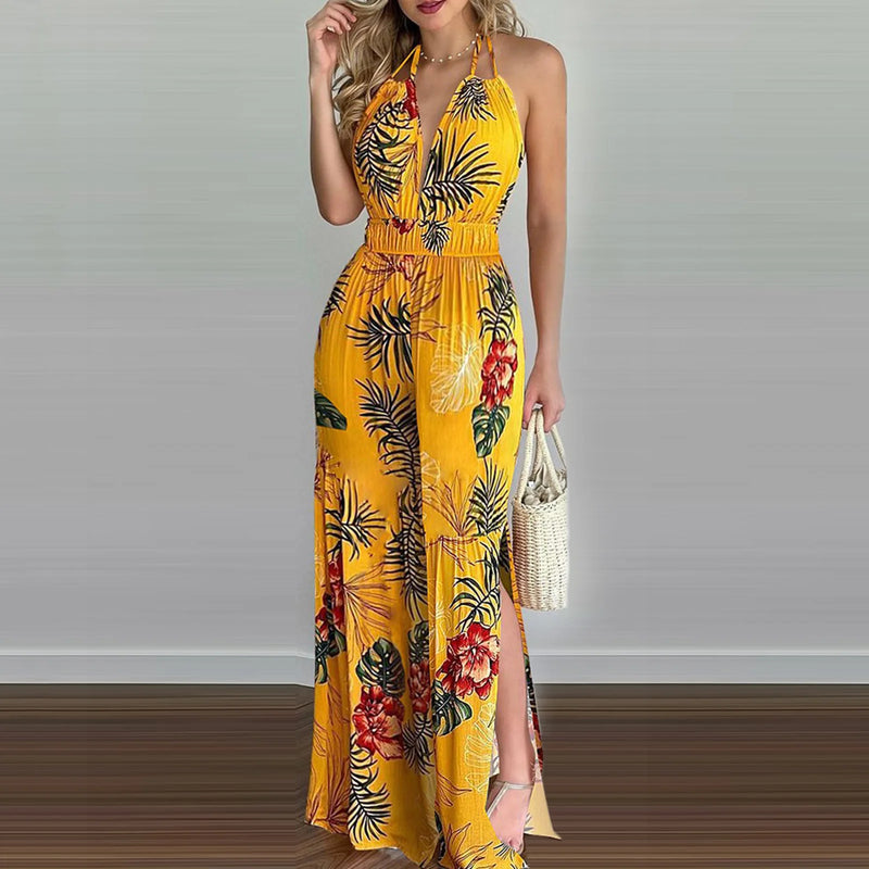 Floral Backless Beach Romper: Sleeveless Vacation Jumpsuit with Adjustable Fit