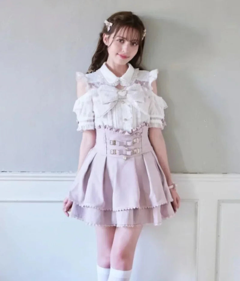 Japanese-Style Summer Off-Shoulder Bow-Tie Short Sleeve Top & High-Waist Skirt 2-Piece Set for Women