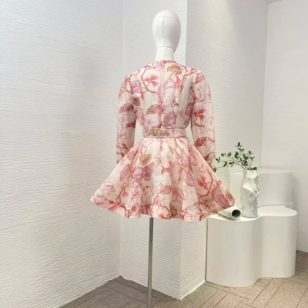 Women's Vintage Floral Mini Dress | Linen-Silk Blend with Belt & Pockets