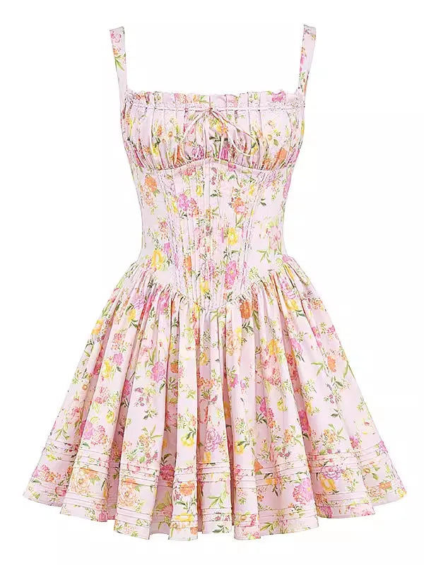 BOHO INSPIRED Women's Adjustable Floral Mini Dress - Pintuck Detail & Lace Trim | Summer Boho Party Dress