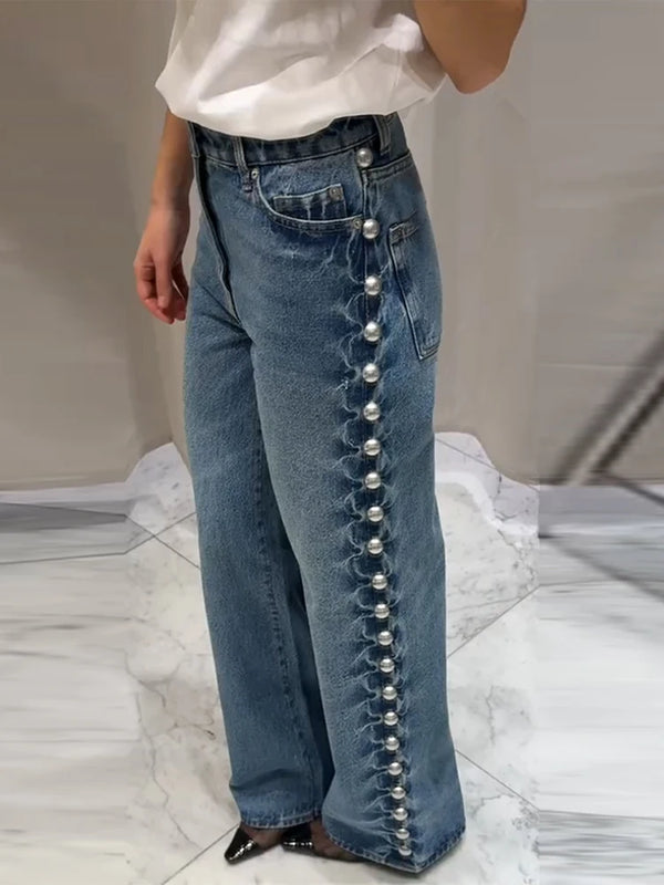 Women's Distressed Wide-Leg Jeans | High-Waisted Vintage Denim | Metal Rivet Embroidered Trousers