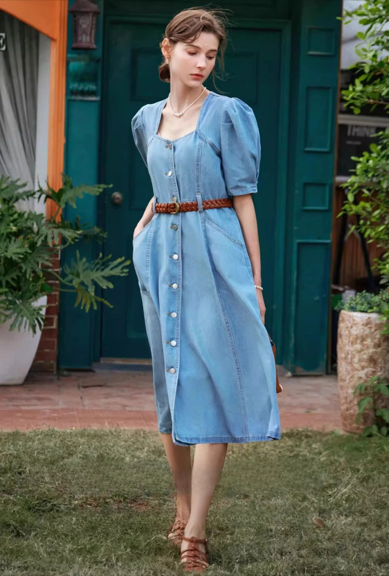Vintage Denim Midi Dress | Square Neck Puff Sleeve Button-Down Dress - Women's Washed Denim Summer Dress