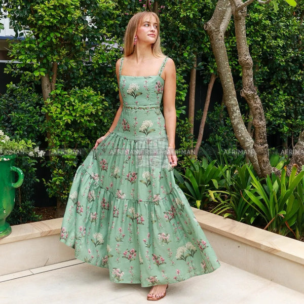 Strapless Linen Maxi Dress | Green Floral Embroidered Gown with Beaded Details - Women's Vintage Formal Dress
