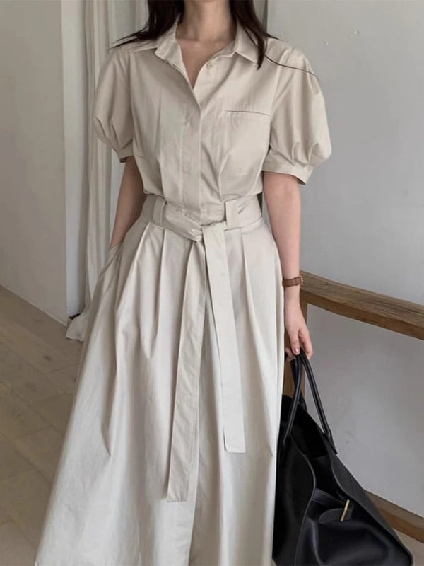 Vintage Waist-Cinching Midi Dress | Korean Summer Dress with Turn-Down Collar & Single Button - Women's Slimming Short Sleeve Dress