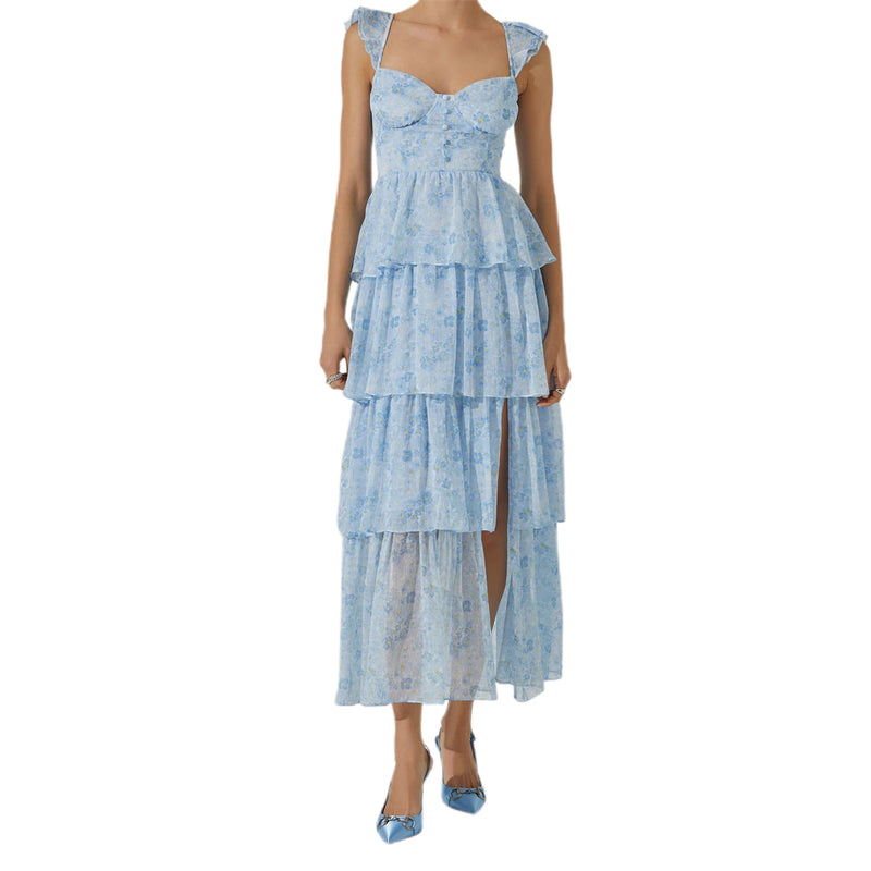 Off-Shoulder Floral Midi Dress | Ruffled Layer Summer Dress - Women's Cap Sleeve Party Dress for Garden Weddings