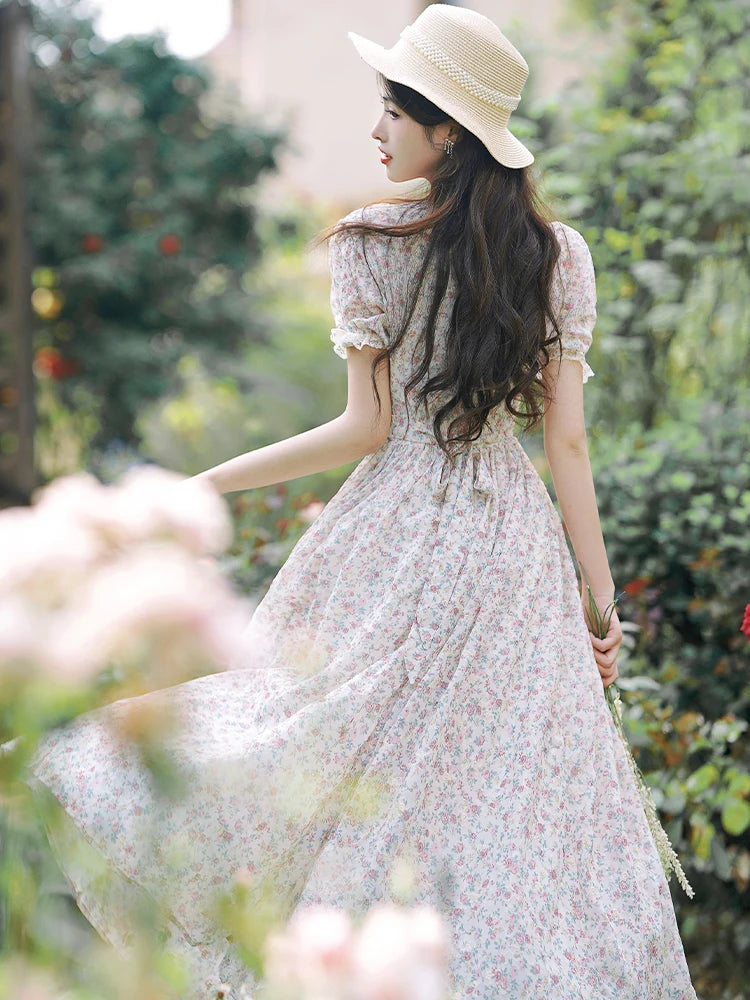 French Prairie Dress | Floral Lace Trim Puff Sleeve Dress - Women's Empire Waist Midi Dress for Garden Parties