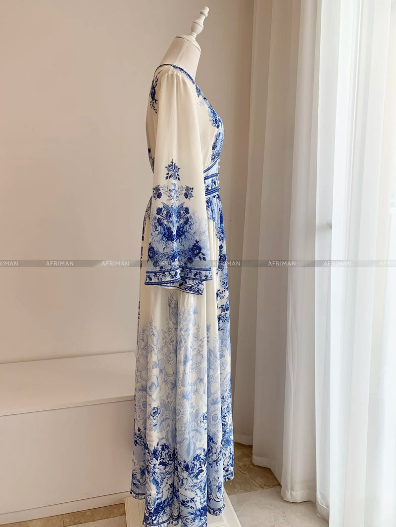 Artisan Blue-White Porcelain Maxi Dress: Crystal-Beaded Silk Gown with Dramatic Flare Sleeves