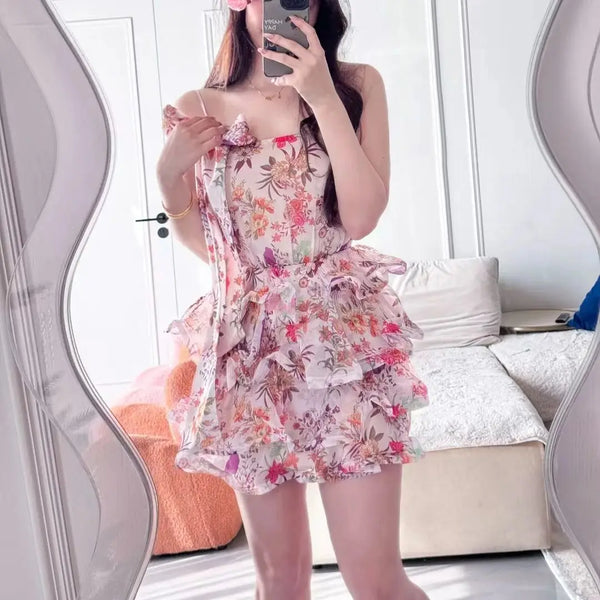 Floral Tiered Mini Dress - Cotton Blend Camisole w/ Spaghetti Straps | Women's Casual Summer Sundress