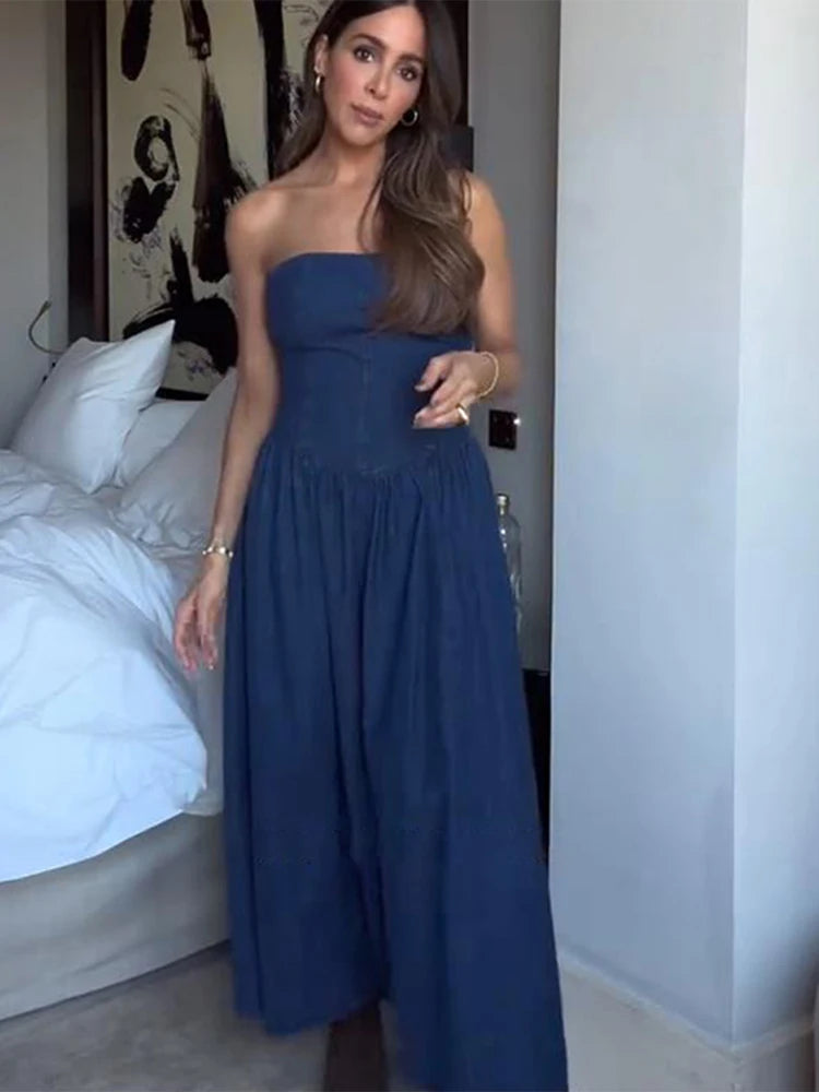 Fashion Off Shoulder Dress For Women Denim Backless Sleeveless Slim Long Dresses Female 2025 Spring Summer Lady Vestidos