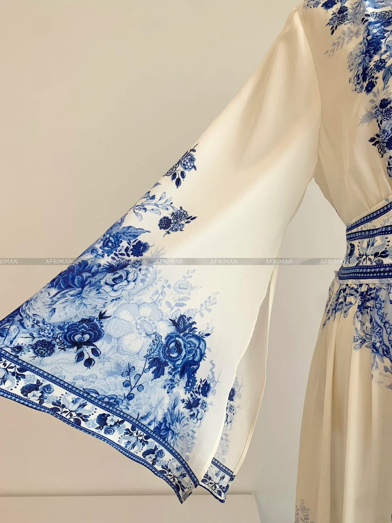 Artisan Blue-White Porcelain Maxi Dress: Crystal-Beaded Silk Gown with Dramatic Flare Sleeves