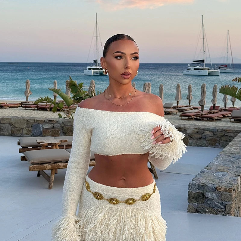 Women’s Off-Shoulder Tassel-Knit Long-Sleeve Crop Top & High-Waist Mini Skirt Two-Piece Beach Set