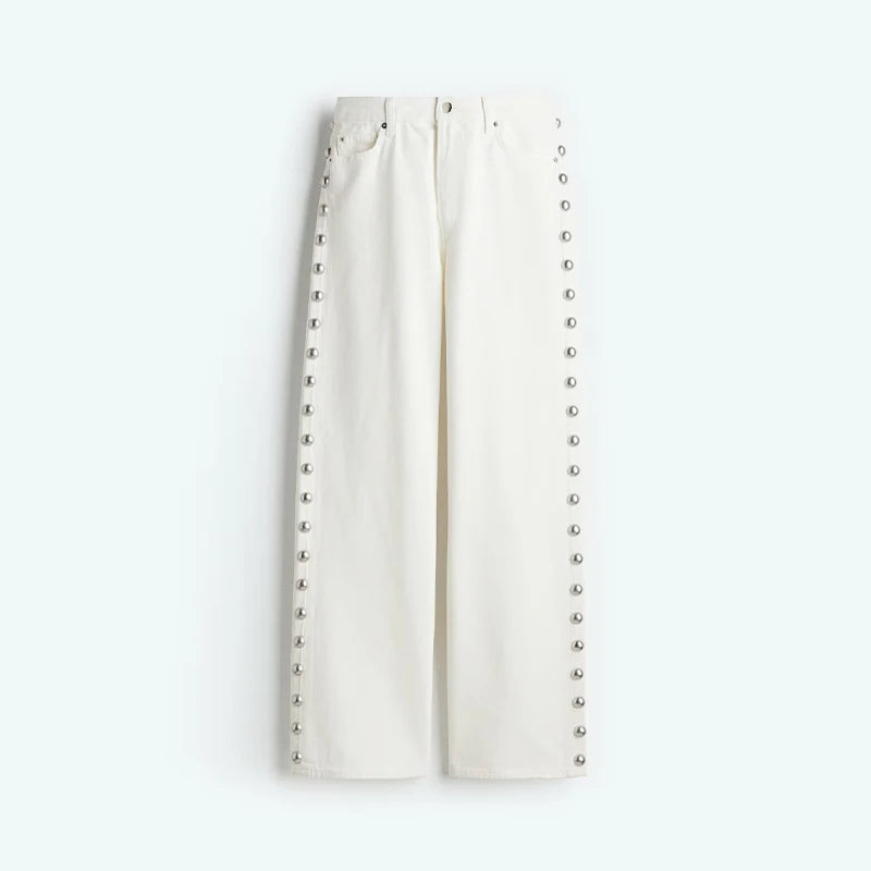 Women's Distressed Wide-Leg Jeans | High-Waisted Vintage Denim | Metal Rivet Embroidered Trousers