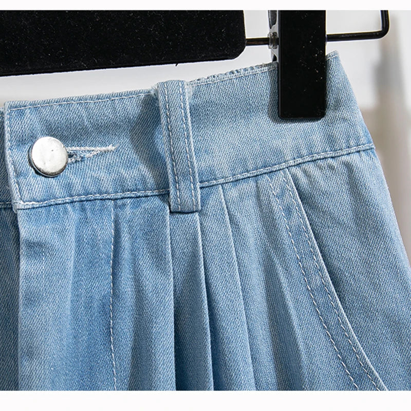 Plus Size Korean Denim Skirt | 2025 Empire Waist A-Line | Adjustable Length Pleated Maxi Skirt