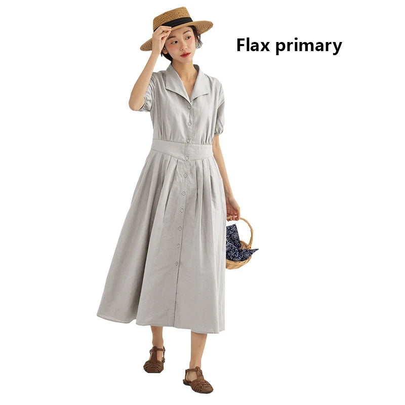 Vintage Linen Midi Dress | Elegant Lapel Collar Dress with Lantern Sleeves - Women's Single-Breasted Summer Dress